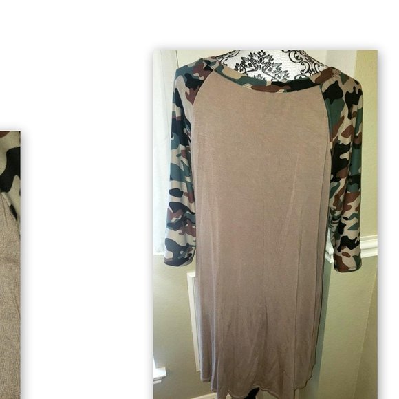 WOMEN 'S BOUTIQUE TUNIC TOP WITH CAMO SLEEVES AND GOLD SEQUIN POCKET-2X - Picture 3 of 4